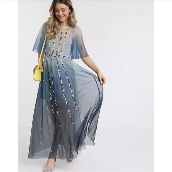 French Connection Blue Ombre Gauze Floral Embroidered Flutter Sleeve Maxi Dress - Picture 5 of 8